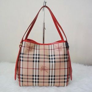 COPY - Burberry Small Haymarket Canterbury Tote Coral Red